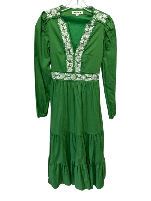 Boden Size 0 Green & White Linen & Cotton Long Sleeve Embroidered V Neck Dress Green & White / 0
