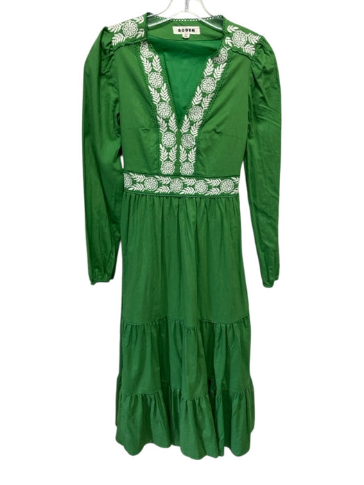 Boden Size 0 Green & White Linen & Cotton Long Sleeve Embroidered V Neck Dress Green & White / 0
