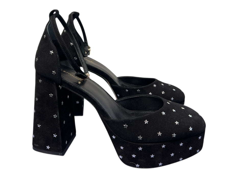 Larroude Shoe Size 10 Black & Silver Suede Ankle Strap stars Block Heel Shoes Black & Silver / 10