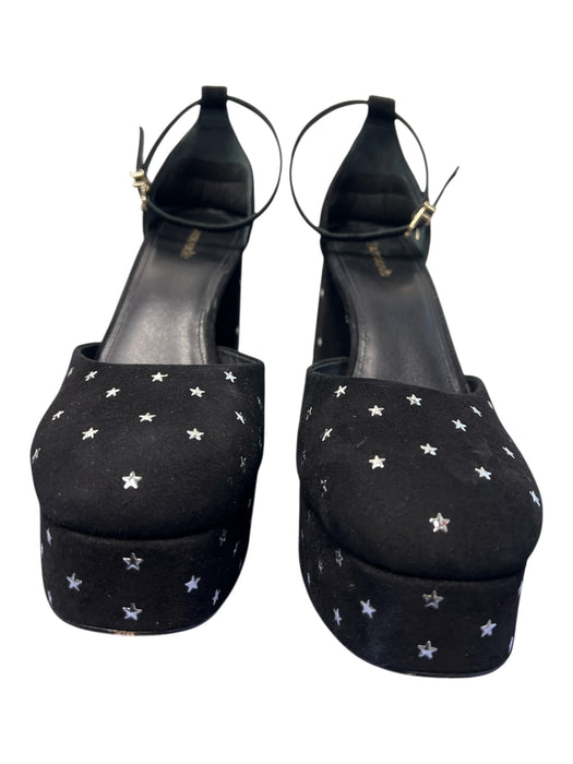 Larroude Shoe Size 10 Black & Silver Suede Ankle Strap stars Block Heel Shoes Black & Silver / 10
