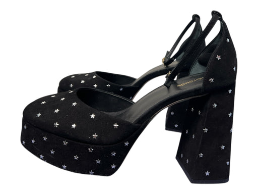 Larroude Shoe Size 10 Black & Silver Suede Ankle Strap stars Block Heel Shoes Black & Silver / 10
