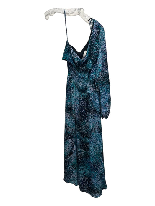 Ramy Brook Size M Black, Blue & Teal Silk Abstract One Shoulder Midi Dress Black, Blue & Teal / M