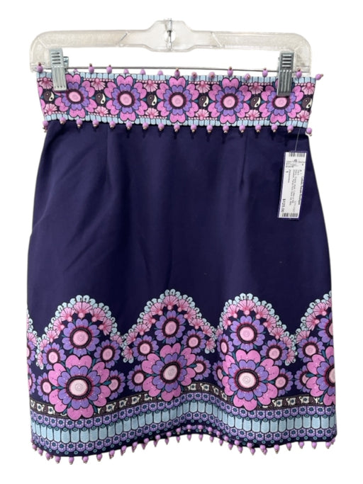 Zimmerman Size 1 Navy, Purple, Multi Cotton & Silk Beaded Floral Print Skirt Navy, Purple, Multi / 1