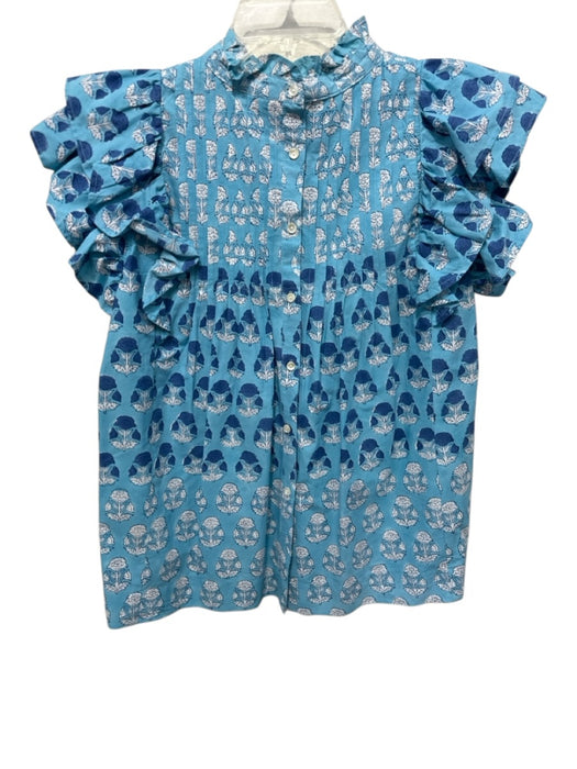 Oliphant Size S Blue & White Cotton Block Printed Floral Pintuck Top Blue & White / S