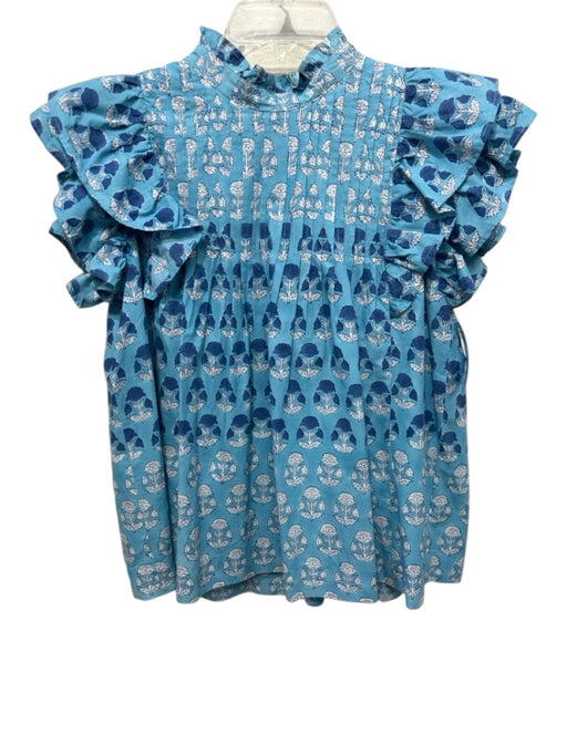 Oliphant Size S Blue & White Cotton Block Printed Floral Pintuck Top Blue & White / S