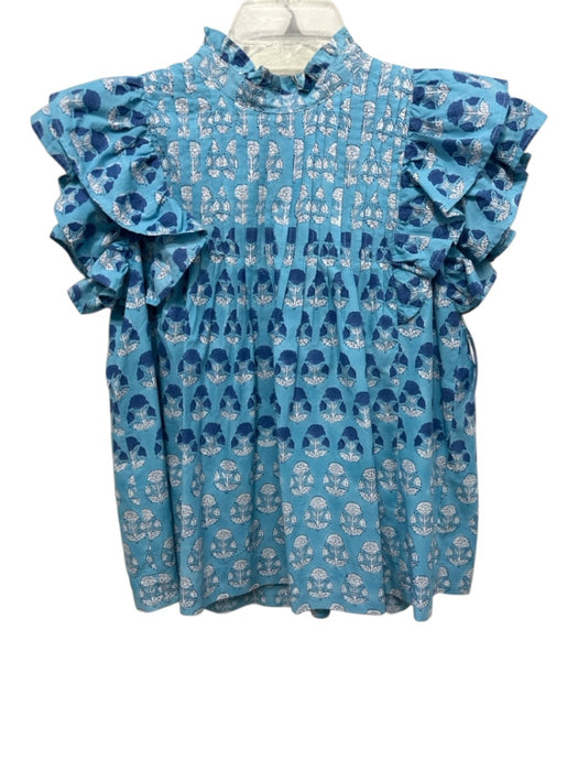 Oliphant Size S Blue & White Cotton Block Printed Floral Pintuck Top Blue & White / S