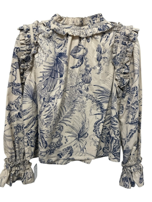 Love The Label Size XS Tan & Navy Blue Cotton Balloon Sleeve Botanical Top Tan & Navy Blue / XS