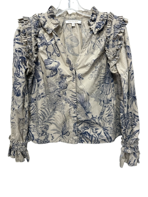 Love The Label Size XS Tan & Navy Blue Cotton Balloon Sleeve Botanical Top Tan & Navy Blue / XS