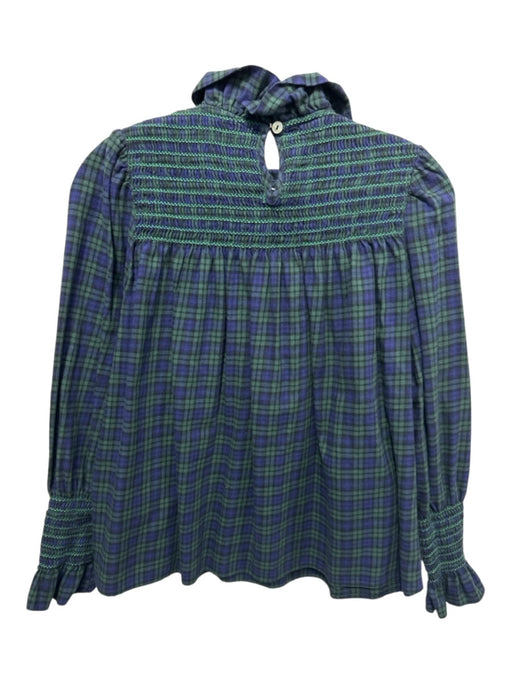 Mariadelaorden Size S Navy blue & green Cotton Flannel Plaid Smocked Yoke Top Navy blue & green / S