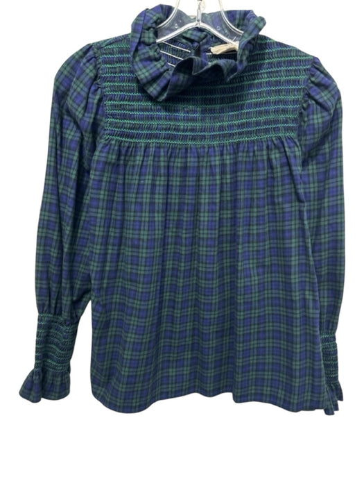 Mariadelaorden Size S Navy blue & green Cotton Flannel Plaid Smocked Yoke Top Navy blue & green / S