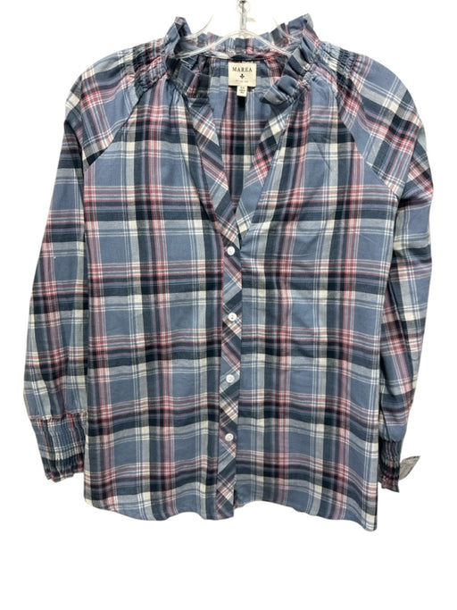 Marea Size XS Blue, White, Red Cotton Ruffle Trim Plaid Long Sleeve Top Blue, White, Red / XS