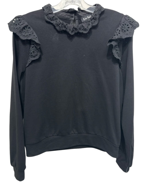 En Saison Size S Black & Amber Cotton Blend Eyelet Trim Ruffle Sweatshirt Top Black & Amber / S