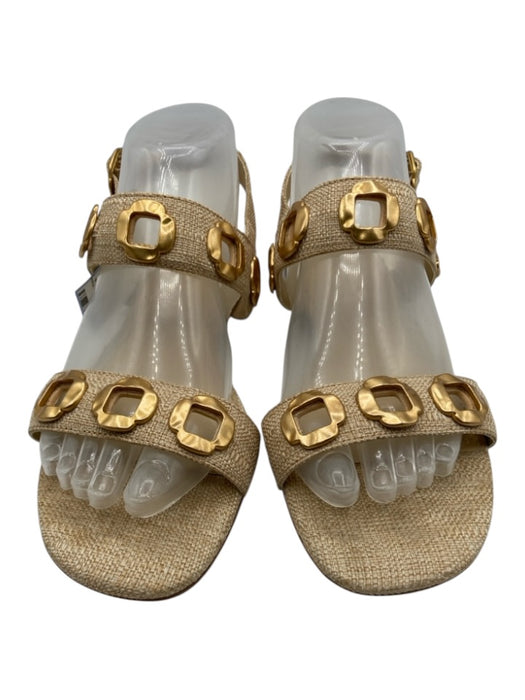 Larroude Shoe Size 8 Straw textile upper Gold Tone Hardware Cut Outs Sandals Straw / 8