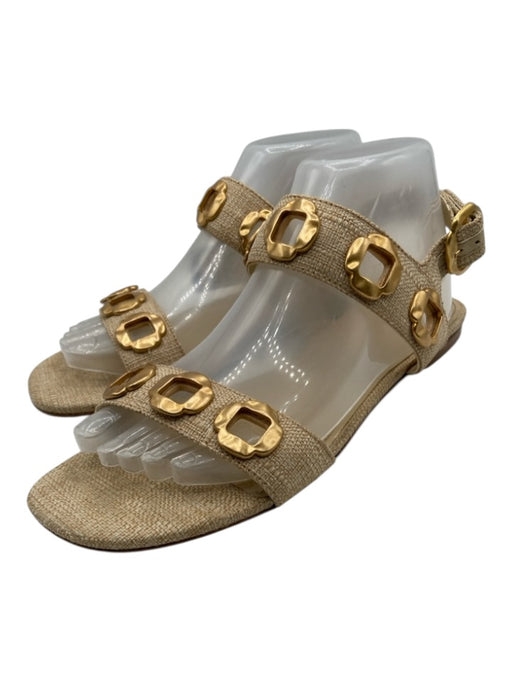 Larroude Shoe Size 8 Straw textile upper Gold Tone Hardware Cut Outs Sandals Straw / 8