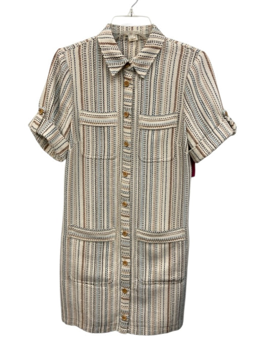 Shoshanna Size 6 White & Multi Cotton Short Sleeve Rolled Knit Button up Dress White & Multi / 6