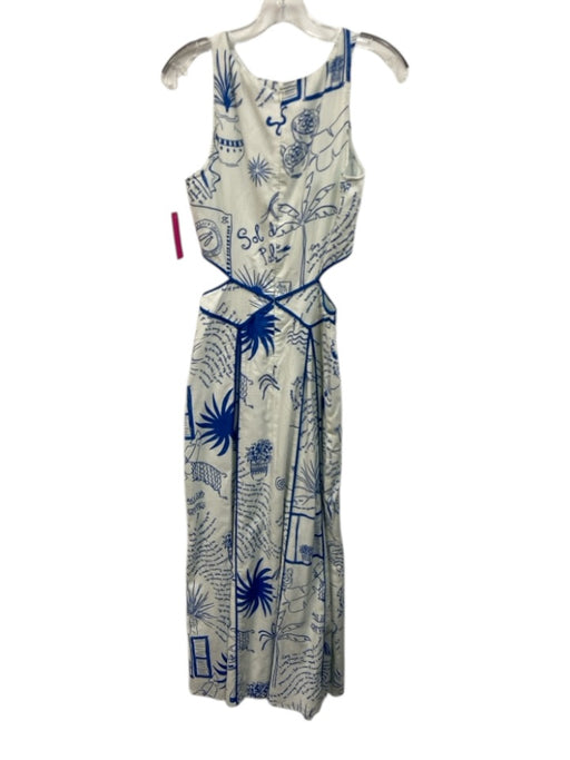 Never Fully Dressed Size 4 White & Blue Cotton Blend Sleeveless Cut Outs Dress White & Blue / 4