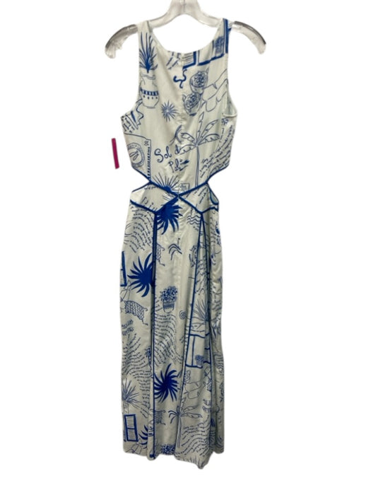 Never Fully Dressed Size 4 White & Blue Cotton Blend Sleeveless Cut Outs Dress White & Blue / 4