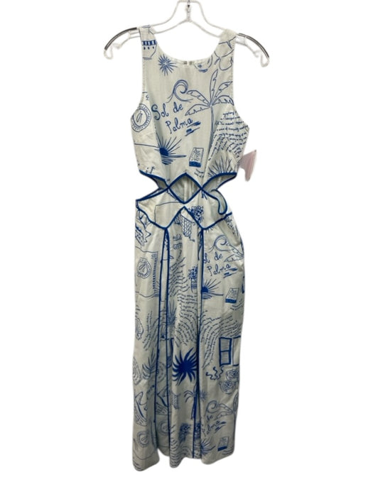 Never Fully Dressed Size 4 White & Blue Cotton Blend Sleeveless Cut Outs Dress White & Blue / 4