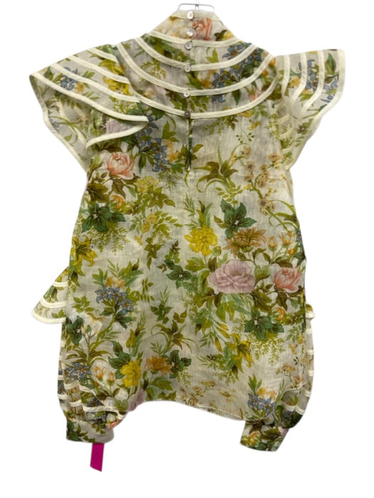 Alemais Size 4 Green, Cream, Multi Silk & Linen Long puff sleeve Ruffles Top Green, Cream, Multi / 4