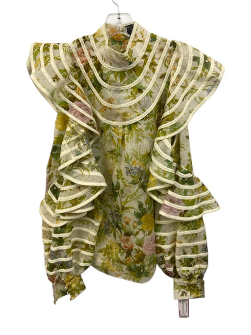 Alemais Size 4 Green, Cream, Multi Silk & Linen Long puff sleeve Ruffles Top Green, Cream, Multi / 4