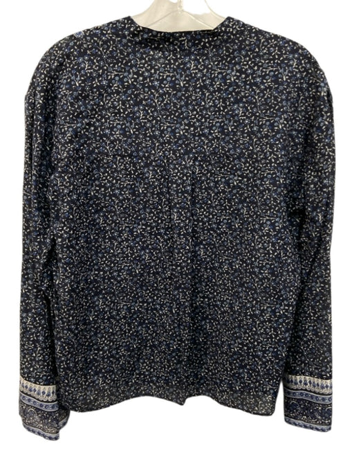 Veronica Beard Size 2 Navy & Blue Cotton Long Sleeve Floral Print Split Neck Top Navy & Blue / 2