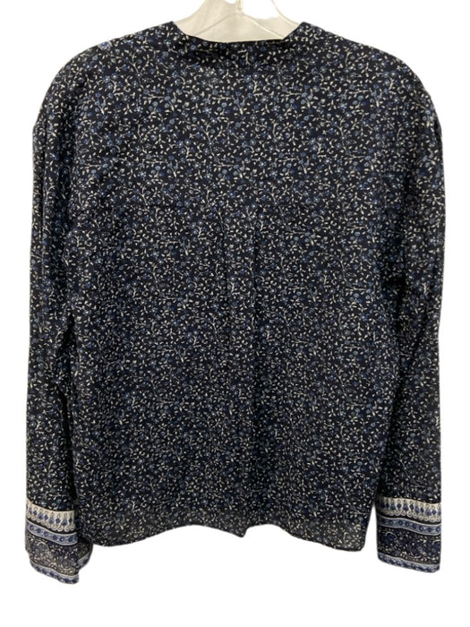 Veronica Beard Size 2 Navy & Blue Cotton Long Sleeve Floral Print Split Neck Top Navy & Blue / 2