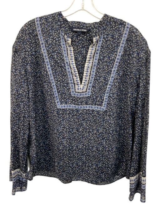 Veronica Beard Size 2 Navy & Blue Cotton Long Sleeve Floral Print Split Neck Top Navy & Blue / 2