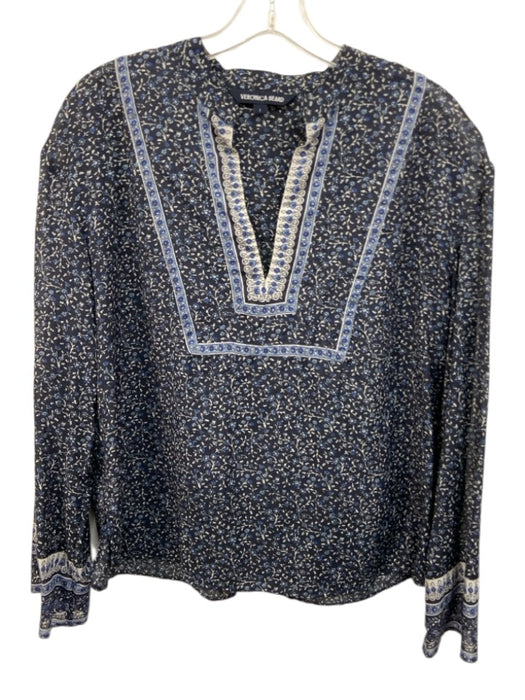 Veronica Beard Size 2 Navy & Blue Cotton Long Sleeve Floral Print Split Neck Top Navy & Blue / 2