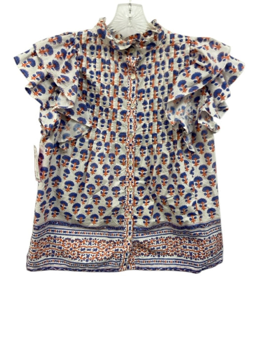 Oliphant Size XS Blue, Orange, White Cotton Ruffle Cap Sleeve Floral Print Top Blue, Orange, White / XS