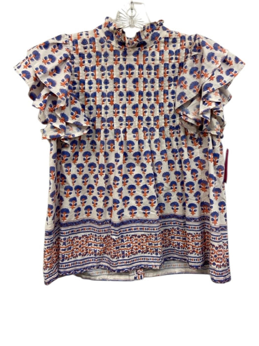 Oliphant Size XS Blue, Orange, White Cotton Ruffle Cap Sleeve Floral Print Top Blue, Orange, White / XS
