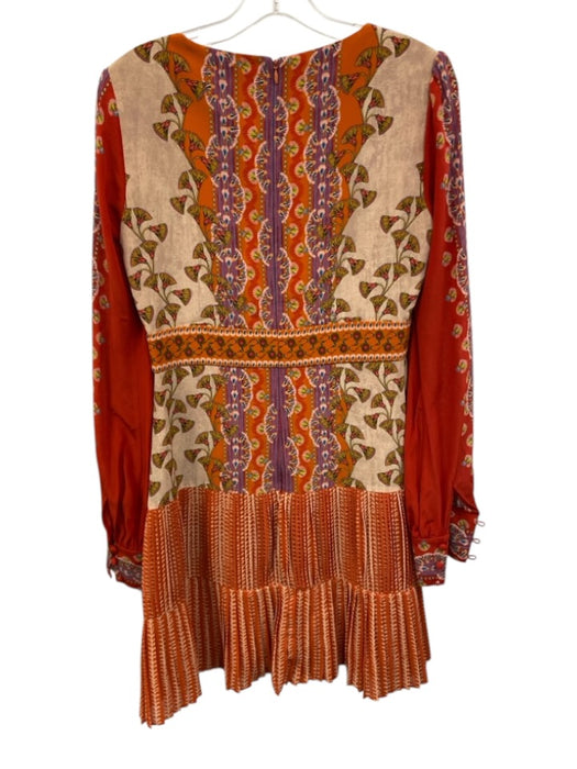 Saloni Size 6 Orange & Multi Silk Long Sleeve Wide Neck Pleated Printed Dress Orange & Multi / 6