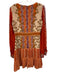 Saloni Size 6 Orange & Multi Silk Long Sleeve Wide Neck Pleated Printed Dress Orange & Multi / 6