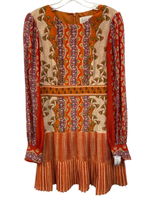 Saloni Size 6 Orange & Multi Silk Long Sleeve Wide Neck Pleated Printed Dress Orange & Multi / 6