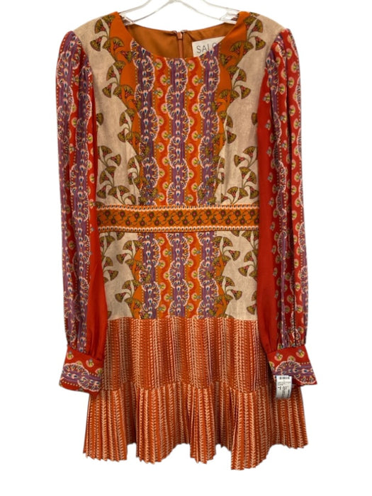 Saloni Size 6 Orange & Multi Silk Long Sleeve Wide Neck Pleated Printed Dress Orange & Multi / 6
