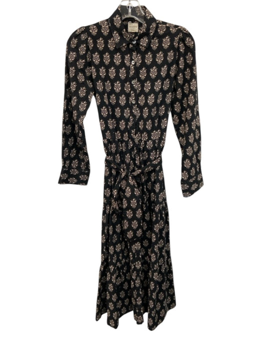 Marea Size XS Black Cotton Button Front Printed Long Sleeve Collared Dress Black / XS