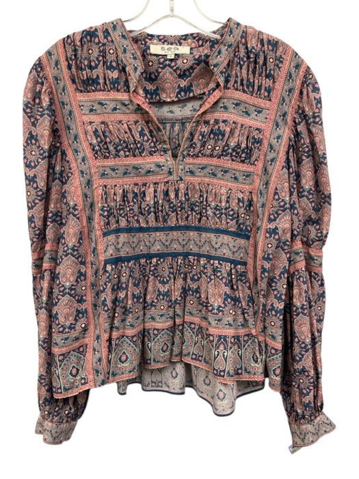 Sea New York Size S Pink & Multi Cotton V Neck Long Sleeve Printed Top Pink & Multi / S