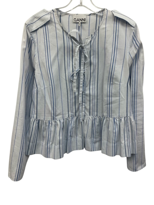 Ganni Size 36 White & Blue Cotton Striped Tie Front Top White & Blue / 36