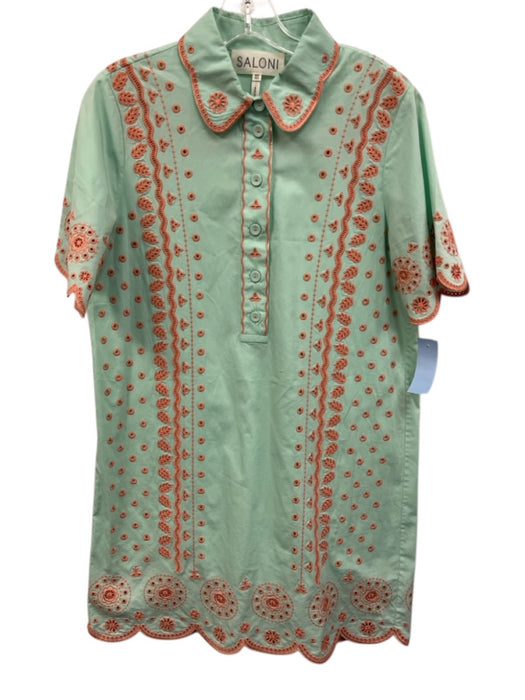 Saloni Size 4 Mint & Orange Cotton Eyelets Scalloped Edge 1/2 Button Mini Dress Mint & Orange / 4