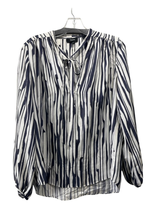 Theory Size M Navy & white Silk Vertical Stripes V Neck Long Sleeve Blouse Top Navy & white / M