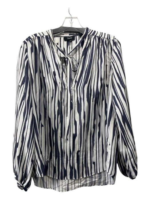 Theory Size M Navy & white Silk Vertical Stripes V Neck Long Sleeve Blouse Top Navy & white / M