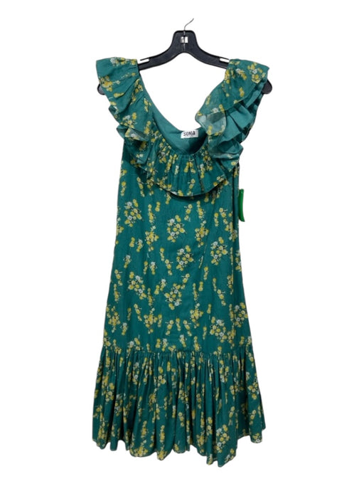 SONIA by Sonia Rykiel Size Est S Green & Yellow Side Zip Floral Ruffles Dress Green & Yellow / Est S