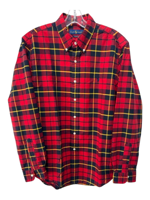 Ralph Lauren Size L Red & Navy Cotton Blend Plaid Button Down Long Sleeve Shirt L