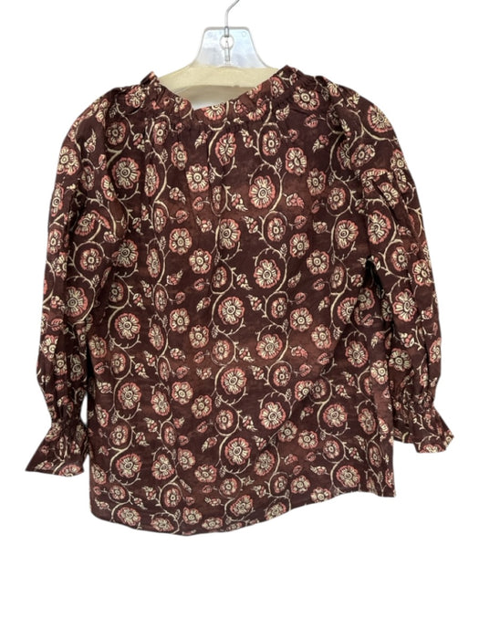 Ro's Garden Size XS Brown Cotton Long Sleeve Ruffle Sleeve Detail Button Up Top Brown / XS