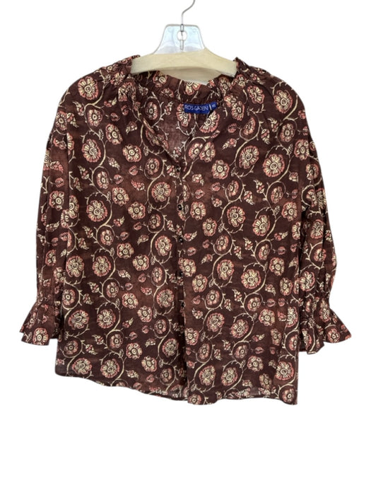 Ro's Garden Size XS Brown Cotton Long Sleeve Ruffle Sleeve Detail Button Up Top Brown / XS