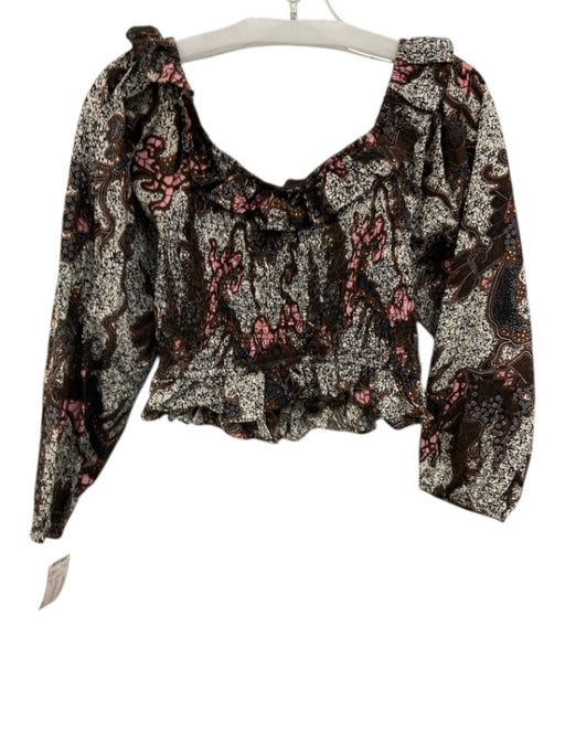 Cleobella Size S Brown, White & Multi Cotton Smocked Long Sleeve Boat Neck Top Brown, White & Multi / S