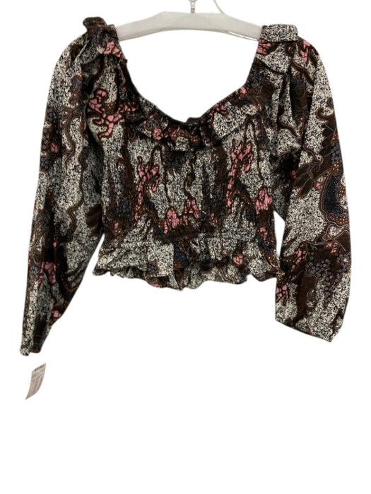 Cleobella Size S Brown, White & Multi Cotton Smocked Long Sleeve Boat Neck Top Brown, White & Multi / S