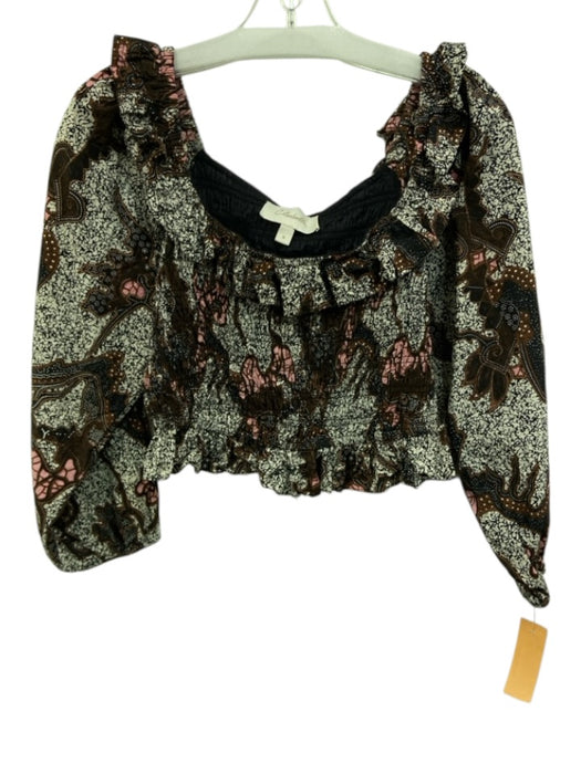 Cleobella Size S Brown, White & Multi Cotton Smocked Long Sleeve Boat Neck Top Brown, White & Multi / S