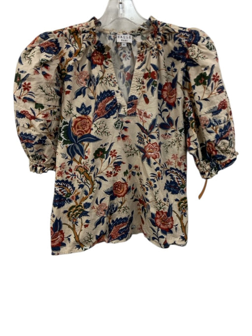 Saule Parc Size S Cream multi Cotton V Neck Floral Puff Sleeve Top Cream multi / S