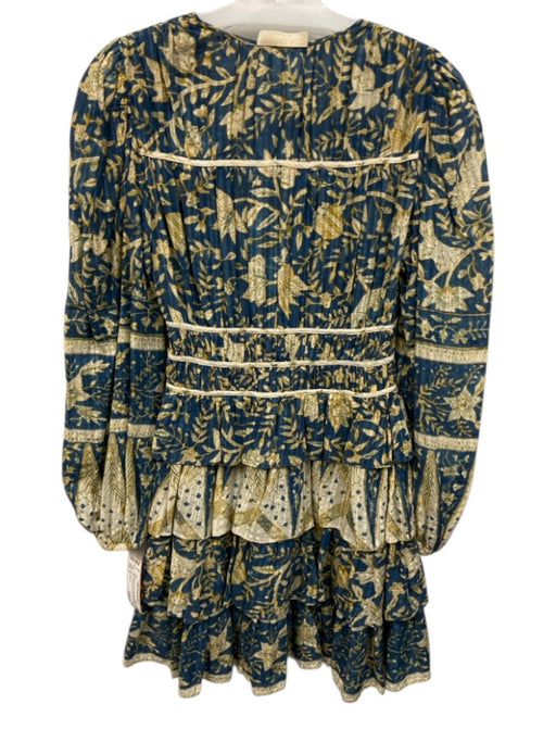 Ulla Johnson Size 2 Blue, Yellow & Multi Cotton Blend Ruffle Skirt V Neck Dress Blue, Yellow & Multi / 2