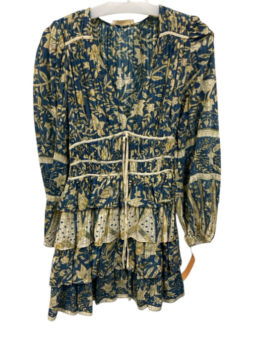 Ulla Johnson Size 2 Blue, Yellow & Multi Cotton Blend Ruffle Skirt V Neck Dress Blue, Yellow & Multi / 2